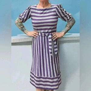 Vintage 80's,Gray & purple Striped,Midi Dress with 3/4 Sleeves-M